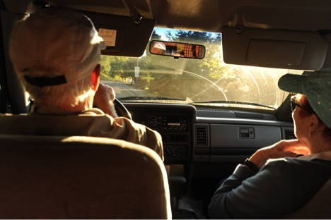 elderly couple driving